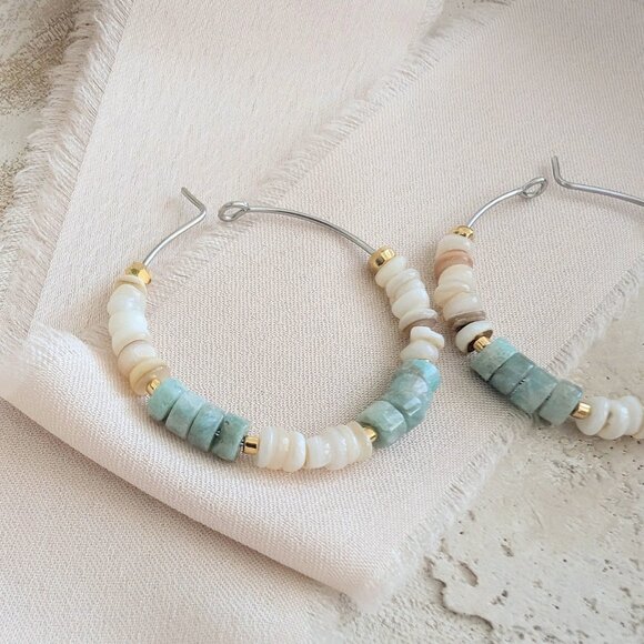 Aqua Amazonite and Shell with Gold Steel Hoop Handmade Earrings - Picture 2 of 4